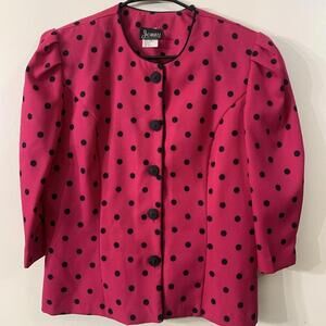 VTG 1980s Hot Pink Black Polka Dot Blouse Size M Secretary Retro Barbie Minnie​
